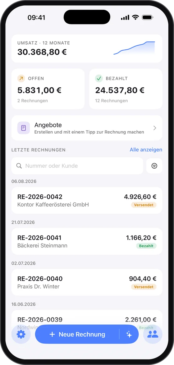 BillUp App: Übersicht mit Umsatz und letzten Rechnungen