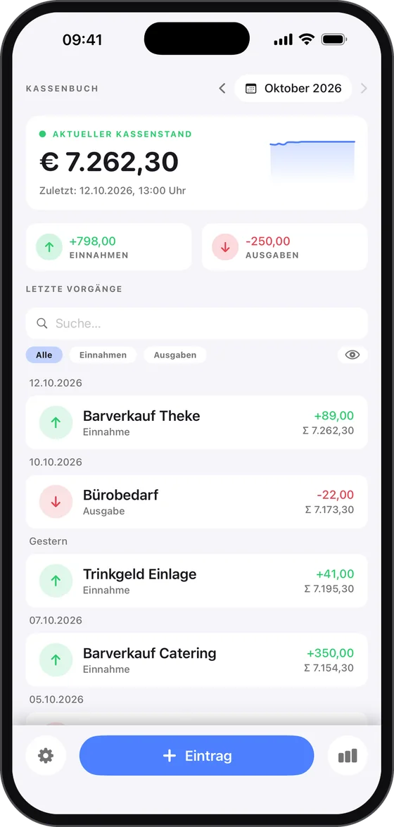 CashUp App: Kassenbuch mit aktuellem Kassenbestand