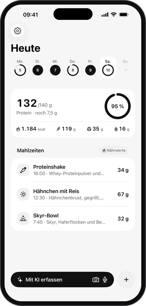 ProtUp App: Tagesübersicht mit Proteinziel und Mahlzeiten