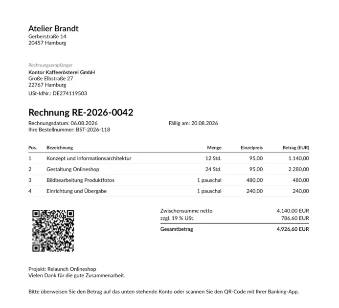 An invoice written with BillUp: letterhead, line items, VAT, total and GiroCode