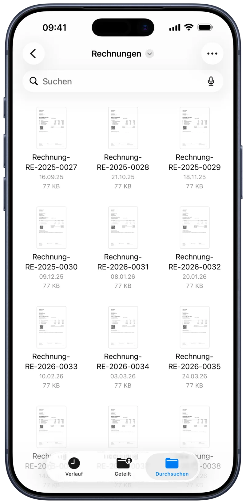 The “Rechnungen” folder in the Files app holding the finished PDF invoices