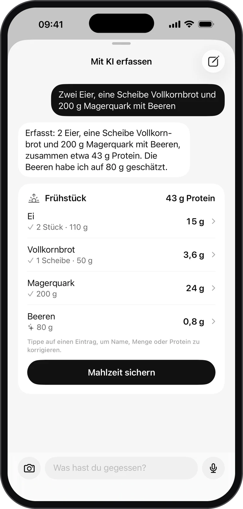 Der KI-Chat in ProtUp: eine beschriebene Mahlzeit und der erkannte Entwurf mit Eiern, Vollkornbrot, Magerquark und Beeren