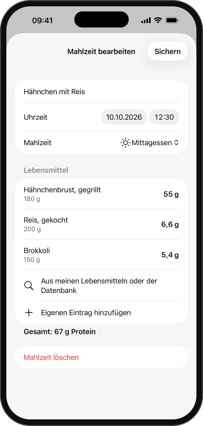 Eine Mahlzeit in ProtUp bearbeiten: Hähnchenbrust, Reis und Brokkoli mit Mengen und Protein