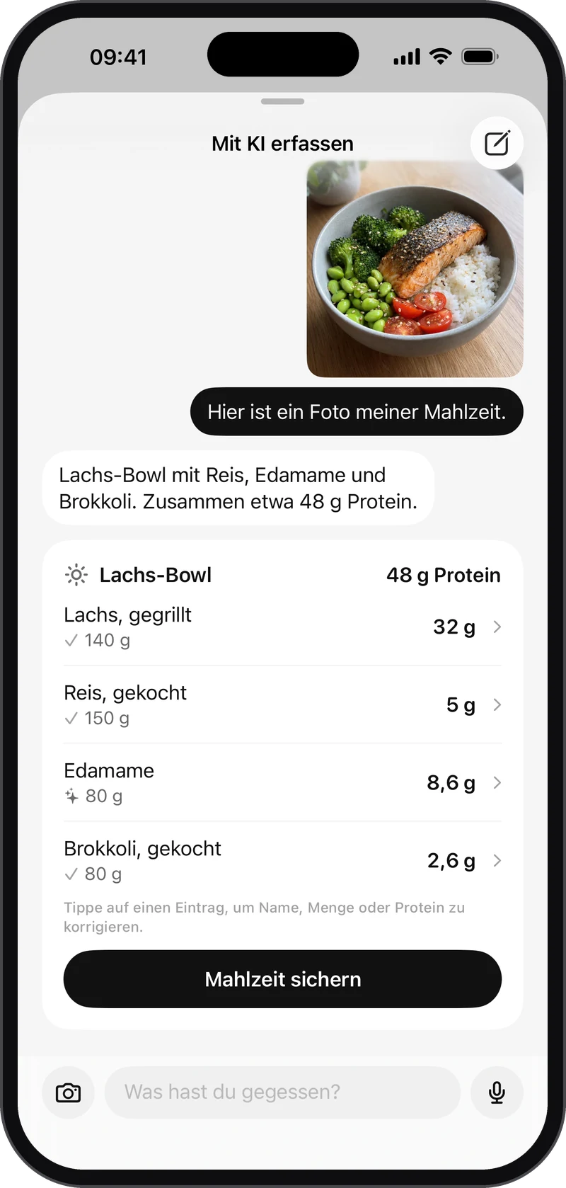 Ein Foto einer Lachs-Bowl im KI-Chat und die erkannten Lebensmittel mit Mengen und Protein
