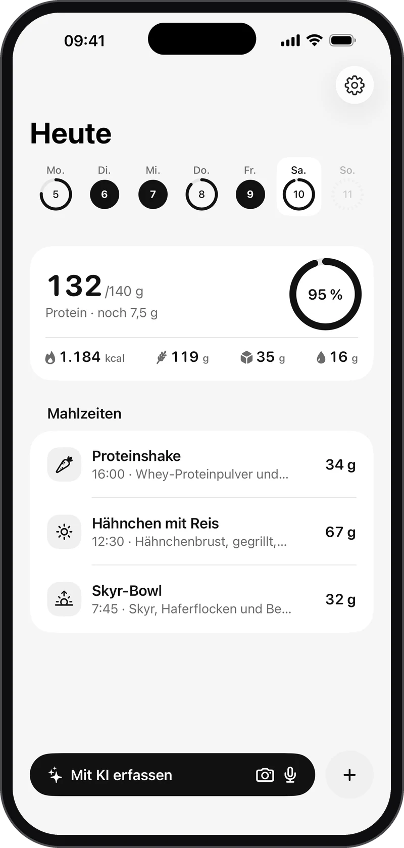 ProtUp auf dem iPhone: Fortschrittsring mit 132 von 140 g Protein, Wochenübersicht und die Mahlzeiten des Tages