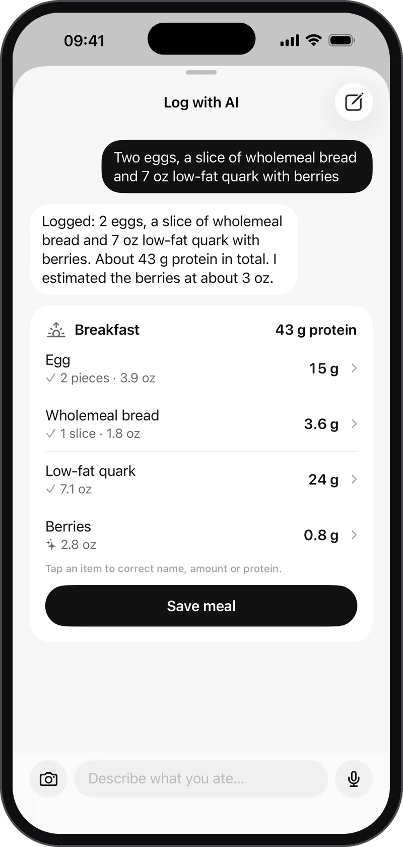The AI chat in ProtUp: a described meal and the recognized draft with eggs, bread, low-fat quark and berries