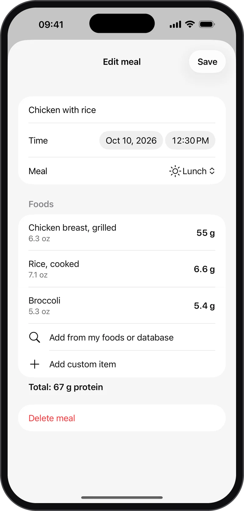 Editing a meal in ProtUp: chicken breast, rice and broccoli with amounts and protein