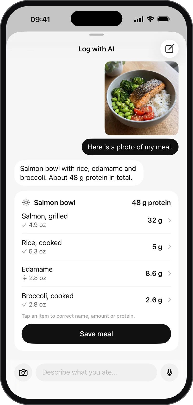 A photo of a salmon bowl in the AI chat and the recognized foods with amounts and protein